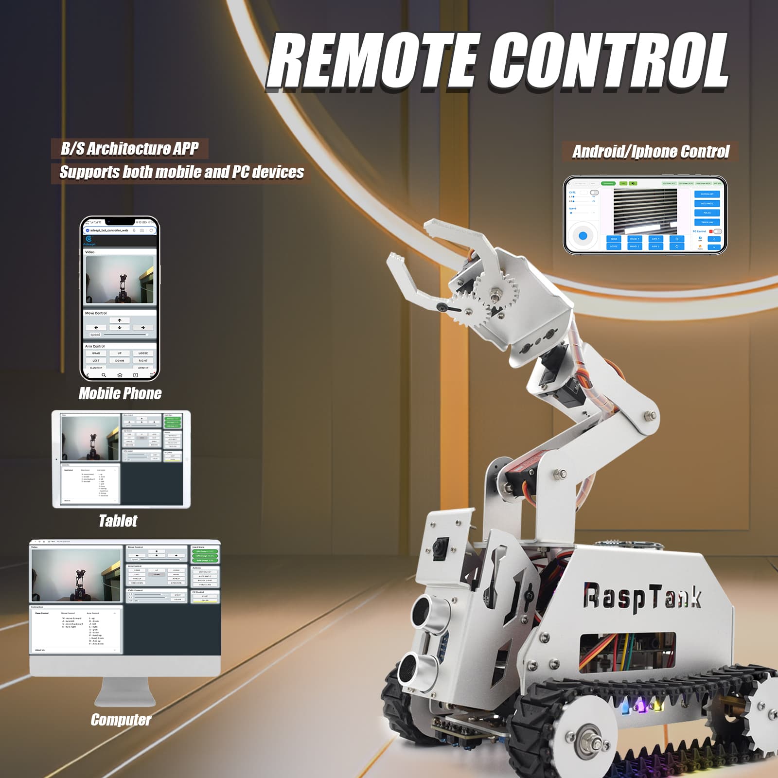 Adeept RaspTank Metal Smart Robot Car Kit for Raspberry Pi 5/4B/3B+ (Board not Included), Tank Tracked Robot w/ 4-DOF Robotic Arm, OpenCV